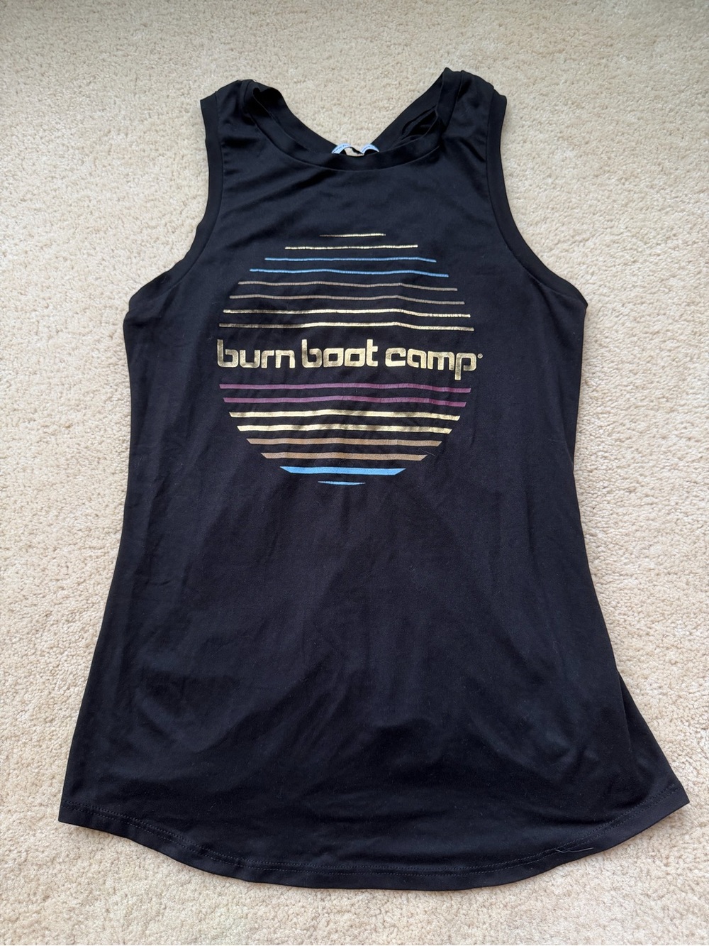 Burn Boot Camp Black Logo Tank Top w/ Back Ruching & Drawstring - Size L - EUC